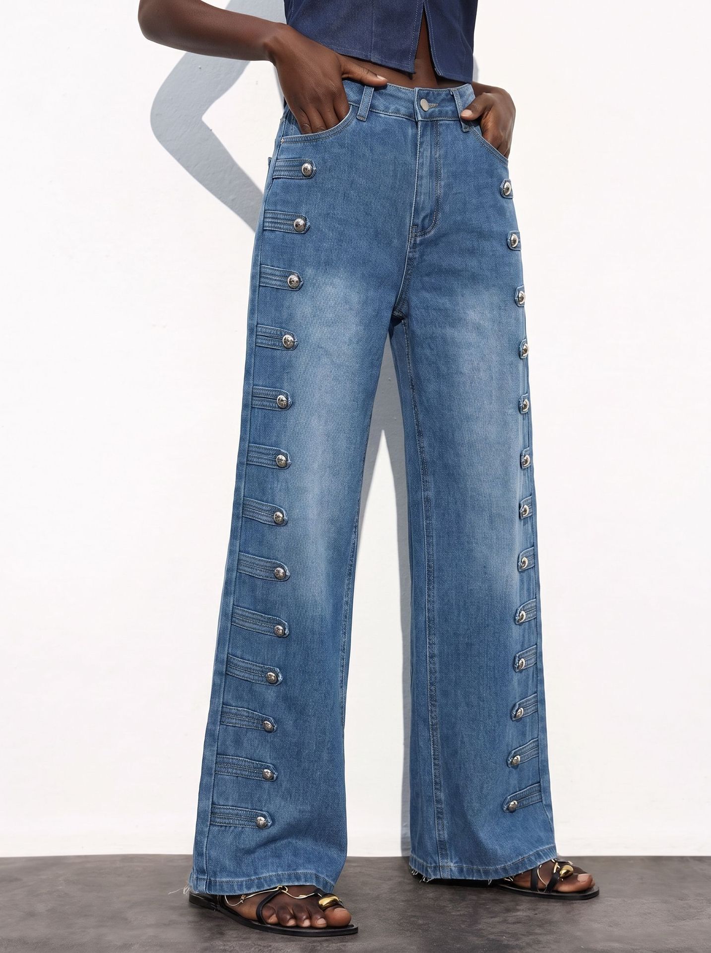 Cross-border European and American new high-street style jeans with double-row side rivets, straight-leg floor-length jeans, women's denim long