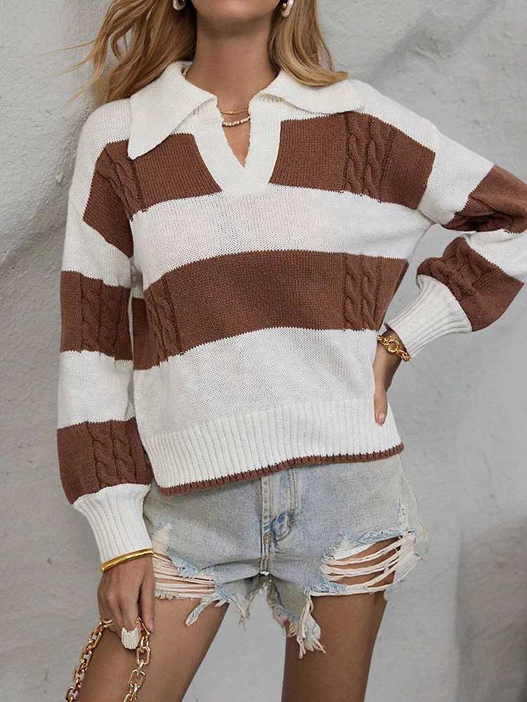 Women's Brown And White Striped Cable Knit Sweater Polo Collar Long Sleeve Pullover Loose Fit Casual Top for Autumn Winter S260917VMLS