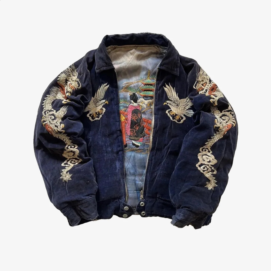 Hip Hop Japan Harajuku Style Jacket Gothic Dragon Pattern Bomber Jackets High Quality Embroidered Y2k Zipper Fleece Lined Coat260916