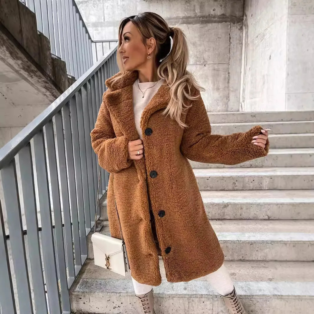 Autumn and Winter CrossBorder Women's Clothing Item Furry LongSleeved Lapel Plush On Top Long Coat 260917