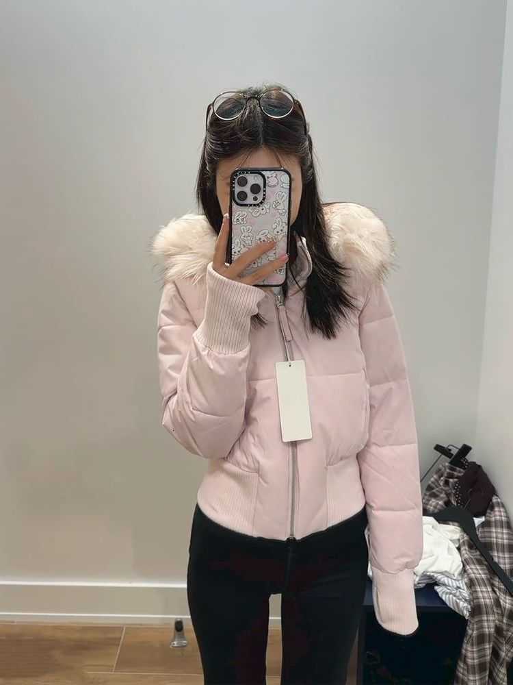 collar pink fur Gentle wind hooded cotton coat for women winter new Korean style thickened and warm short waisted cotton H260917