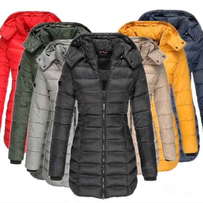 Women Warm Winter Parkas Thicken Solid Color Zippers Coats Long Sleeve Padded Puff Jacket Mid-Length Slim Female Hoodie Parkas H260917