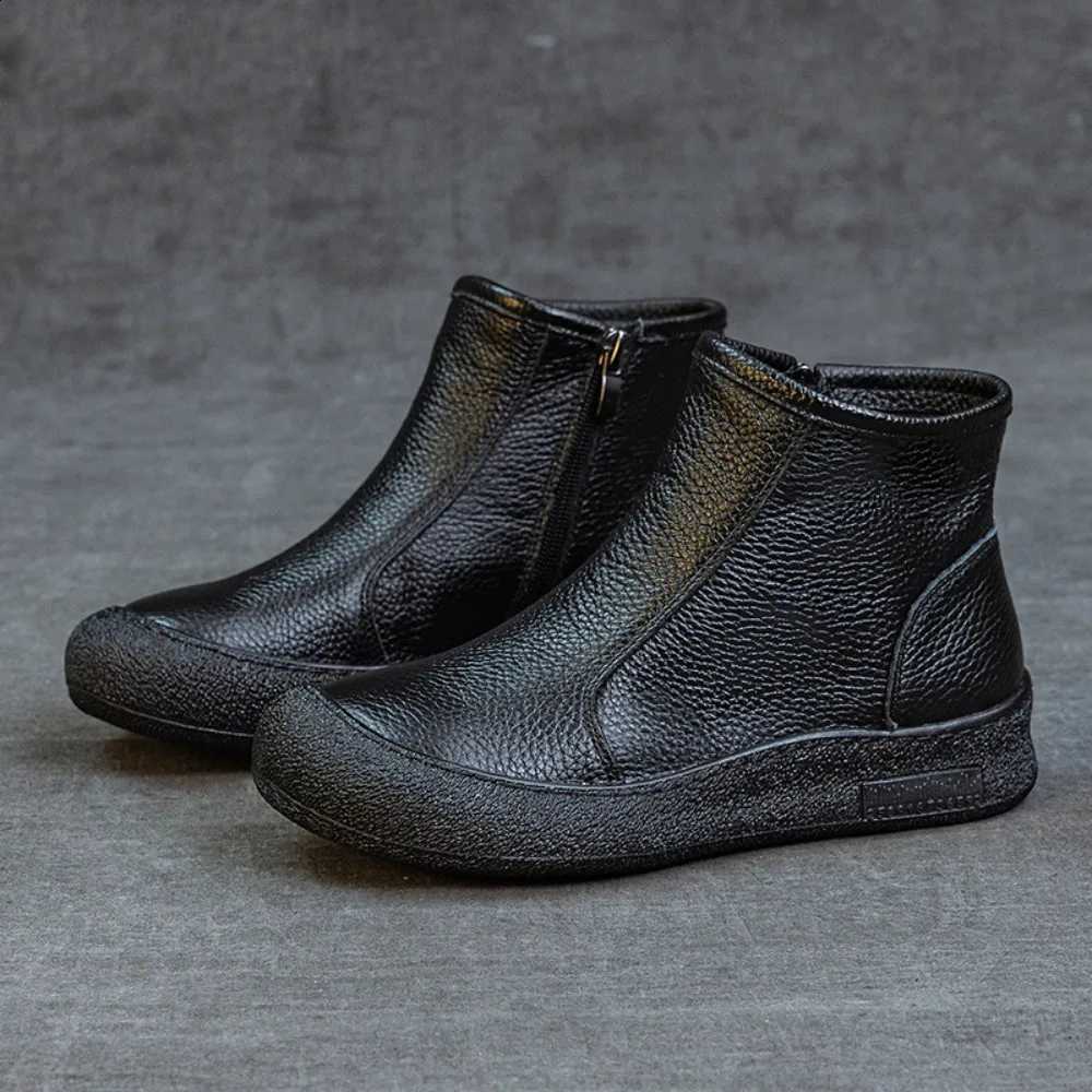Cowhide High-top Women's Leather Boots New Flat-heeled Soft Bottom Side Zipper Round Head Bootie Wool Thermal Boots Women Ankle D2609171