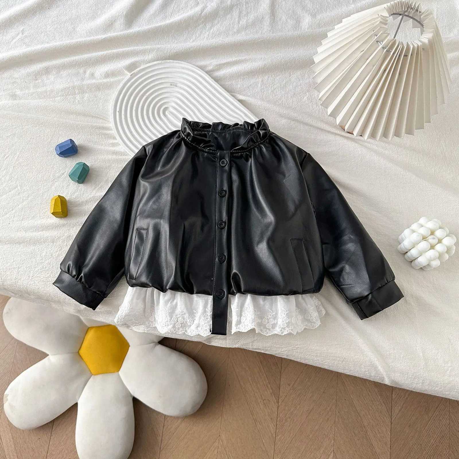 Jacket Girls Leather with Lace Trim Korean Style Spring Autumn Coat for Kids Causal Chic Winter TopT260916