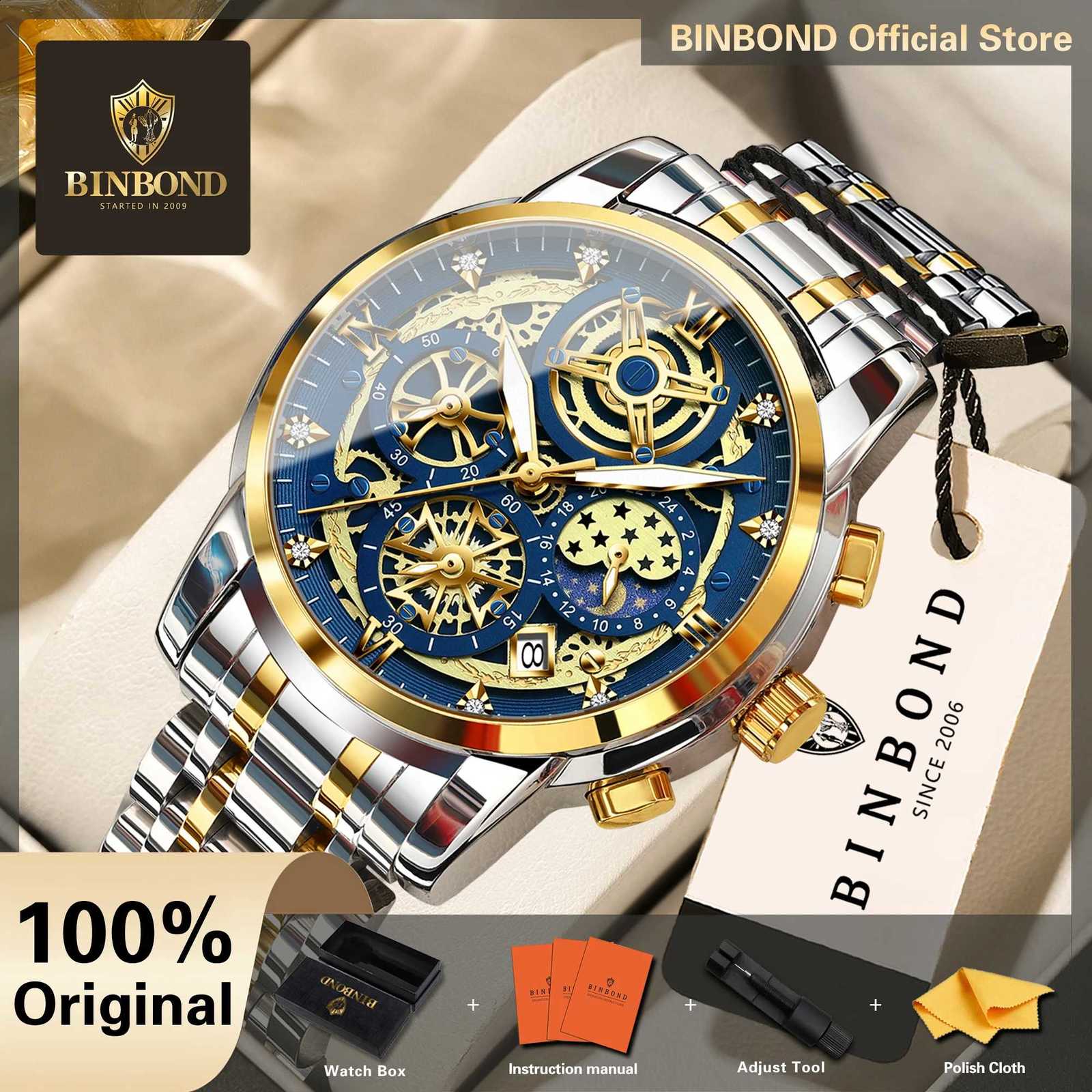 BINBOND Original Quartz Watches For Men Luxury Luminous Waterproof Men's Wristwatch Reloj Hombre Relojes De Pulsera Cuarzo+BoxT260916