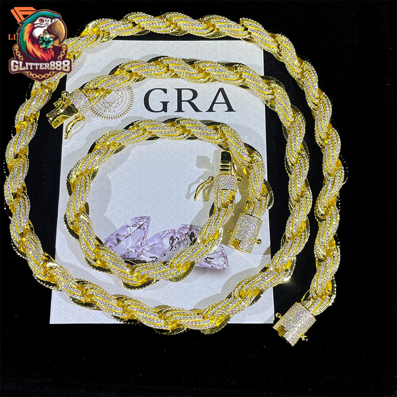 Fine Jewelry 925 Silver Gold Plated 10MM Rope Chain Hip Hop Moissanite Men Chain Necklace Pass Diamond Tester