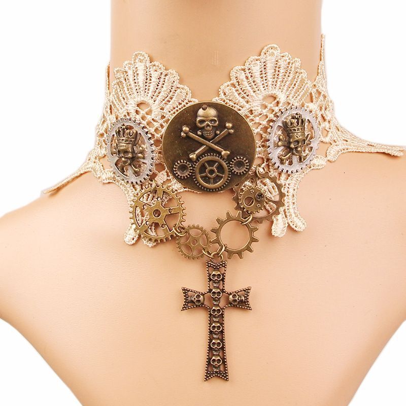 Vintage Steampunk Gear, Brown Lace, Skull, Gothic Clavicle Chain, Women's Halloween Cross Necklace
