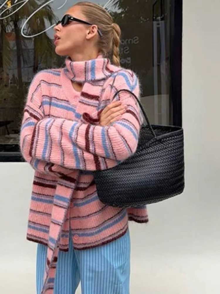 Fashion Color Block Stripe Cardigan Long Slve Button Knit Coat Matching Scarf Loose Casual 2026 Autumn Winter New Ladies Wear S260917BZAY