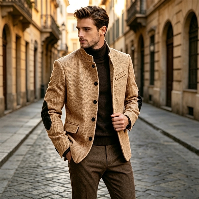 Mens Herringbone T Blazer With Elbow Patches Retro Stand Collar Jacket Slim Fit Daily Party Business Casual Sport Coat 260818