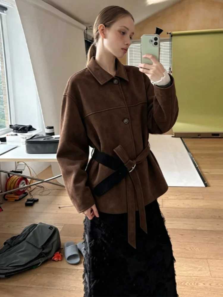Tie Waist Suede Shirt Jacket Lapel Collar Button Front 2026 Autumn Women Retro Daily Fashion Outerwear Casual Trendy Lady Coat C260917