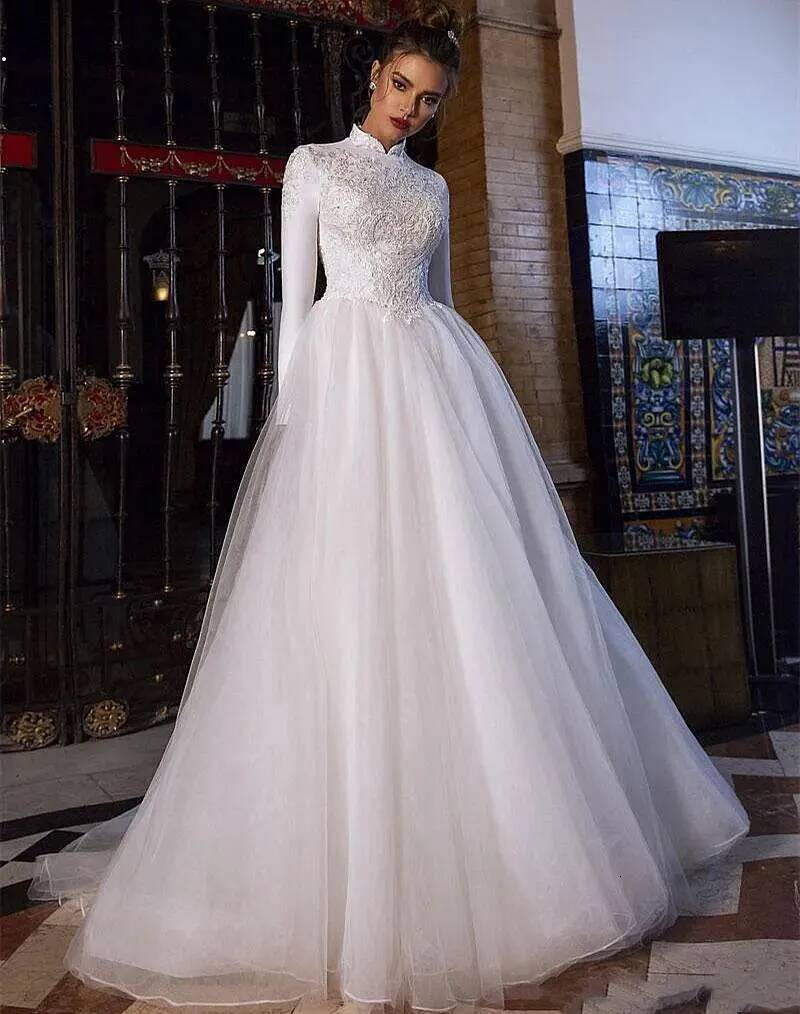 Modest Arabic Muslim White Wedding Dresses High Neck Long Sleeves A Line Tulle Bridal Gowns Top Lace Appliques Elegant Bride Wear Sweep Train 2026