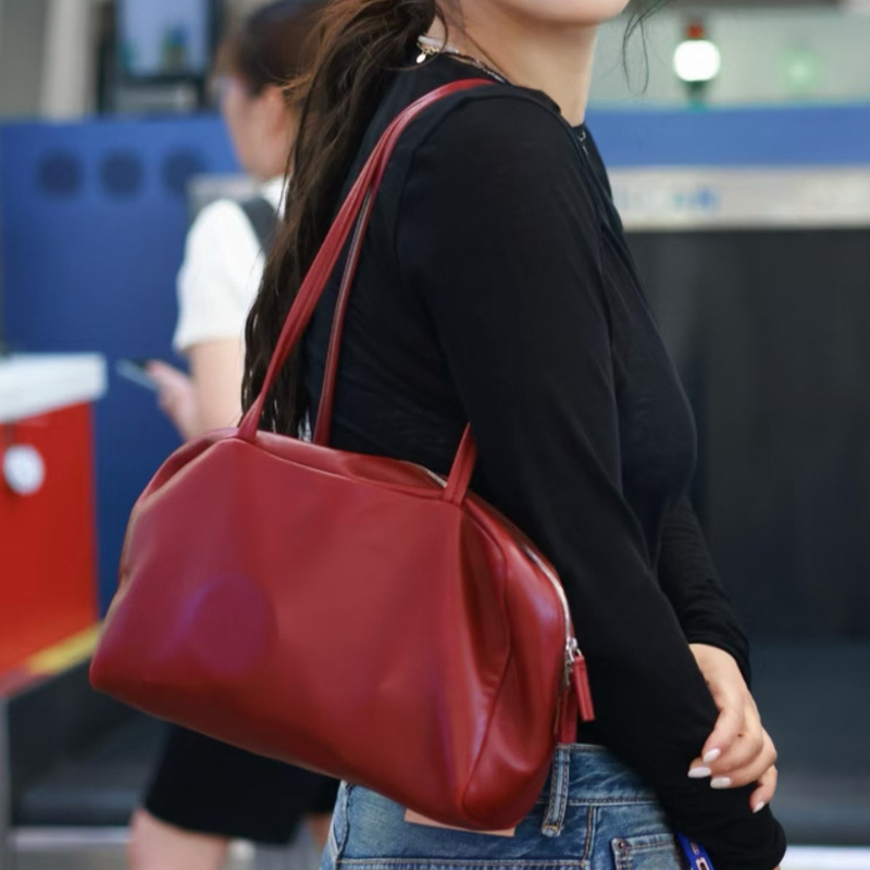 2026 Autumn Genuine Leather Handbags Casual Solid Totes Shoulder Bowling Luxury Brand Cowhide Women Bags