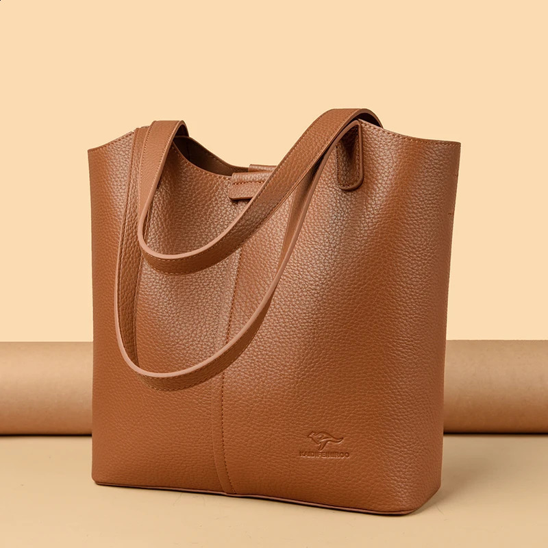 Genuine Soft Leather Shoulder Bag For Women Casual Tote Bag Female Solid Color Purse Simple Handbag Commuting Sac 260916
