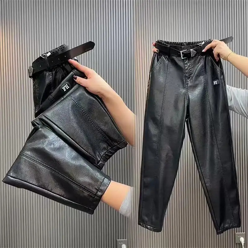 Fashion Y2k Leather Pants High Quality PU Casual Straight Leg Pant Loose Slimming Plus Size Highs Waist Haren Trousers Women 260917