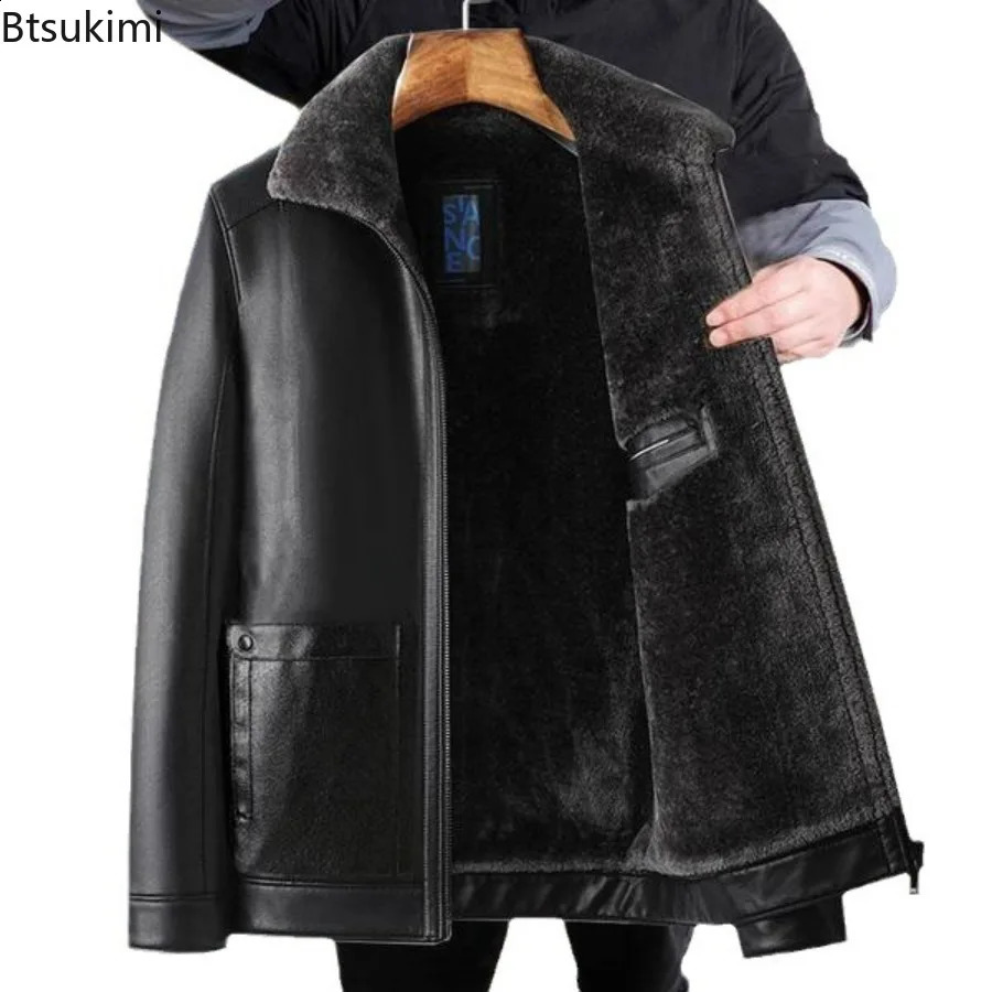 Men's Leather Jackets Autumn Winter Fleece Warm Motorcycle Coats Fashion Business Casual PU Leather Jackets Men Slim Outerwear 260917