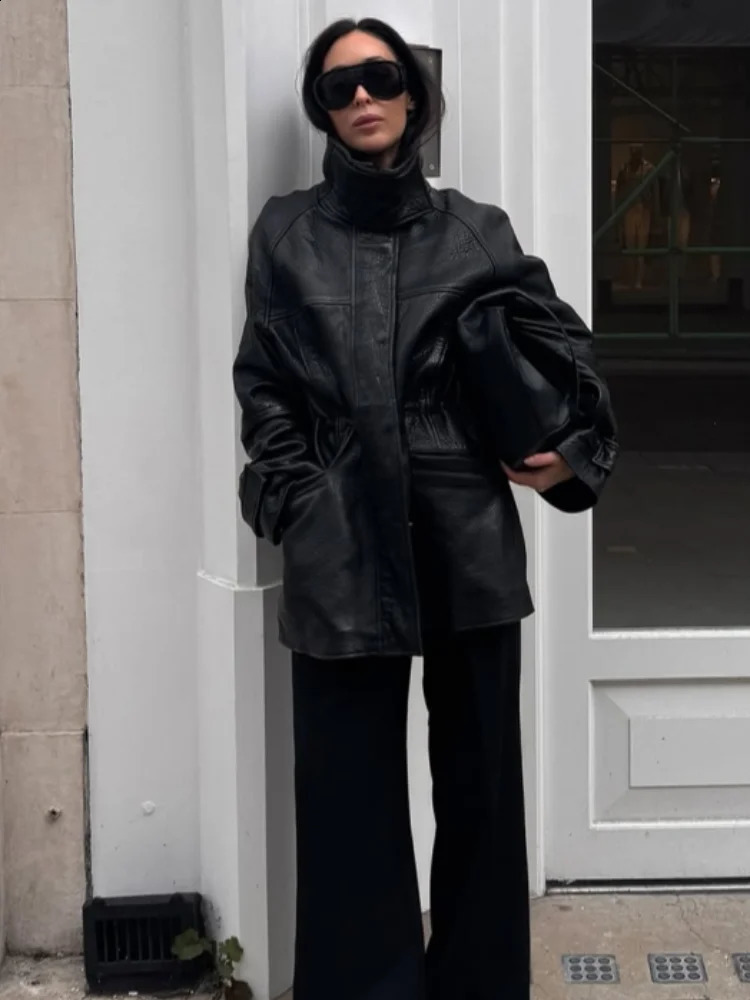 Street Pu Leather Women Jacket Solid Long Sleeve Zippers Pocket Stand Collar Female Coat 2026 Spring Fashion Lady Outwear 260916