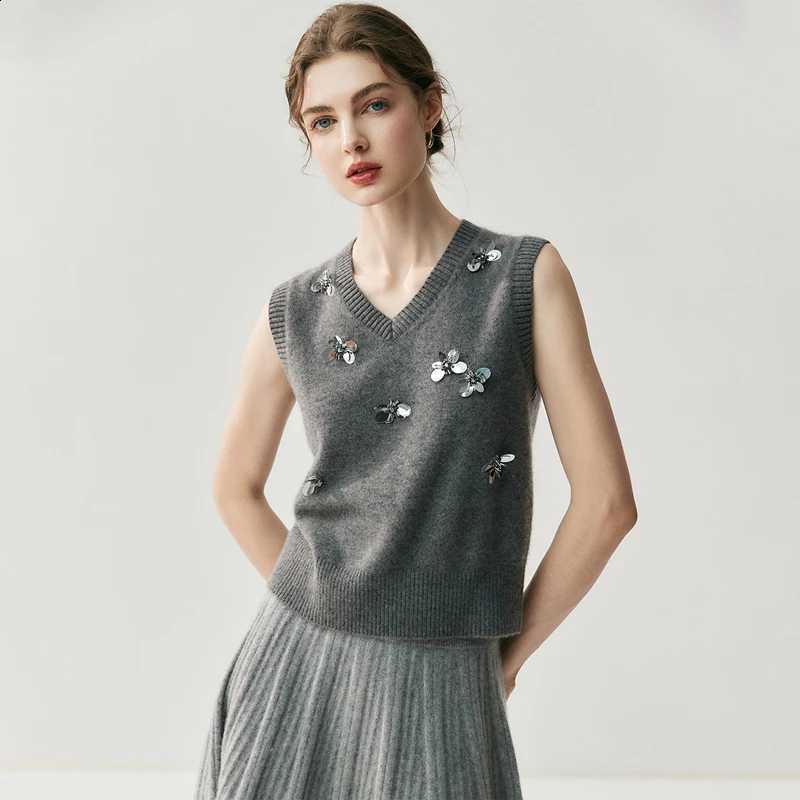 Women 100% Cashmere Chic Knit Set V-neck Vest O-neck Cardigan Butterfly Beading Sweater and Waistcoat Autumn Winter Knitwear Top J260916