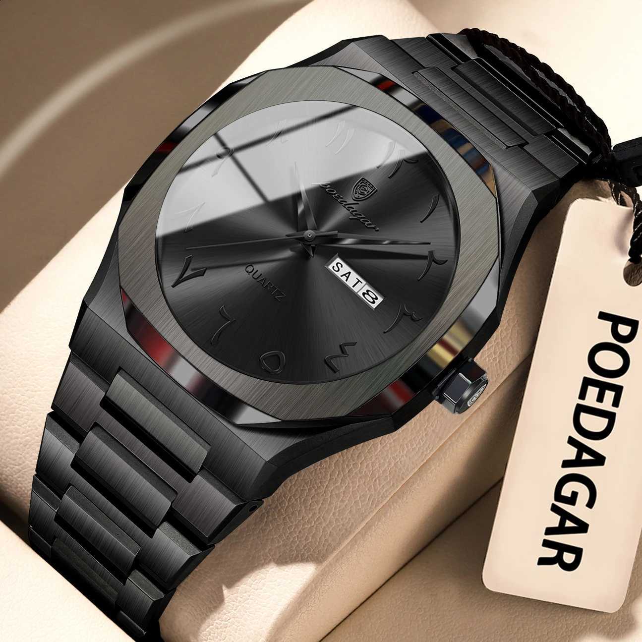 POEDAGAR Fashion High Quality Men Clock Date Week Waterproof Watch For Man Quartz Stainless Steel Luxury Men's Watches Reloj+BoxT260916