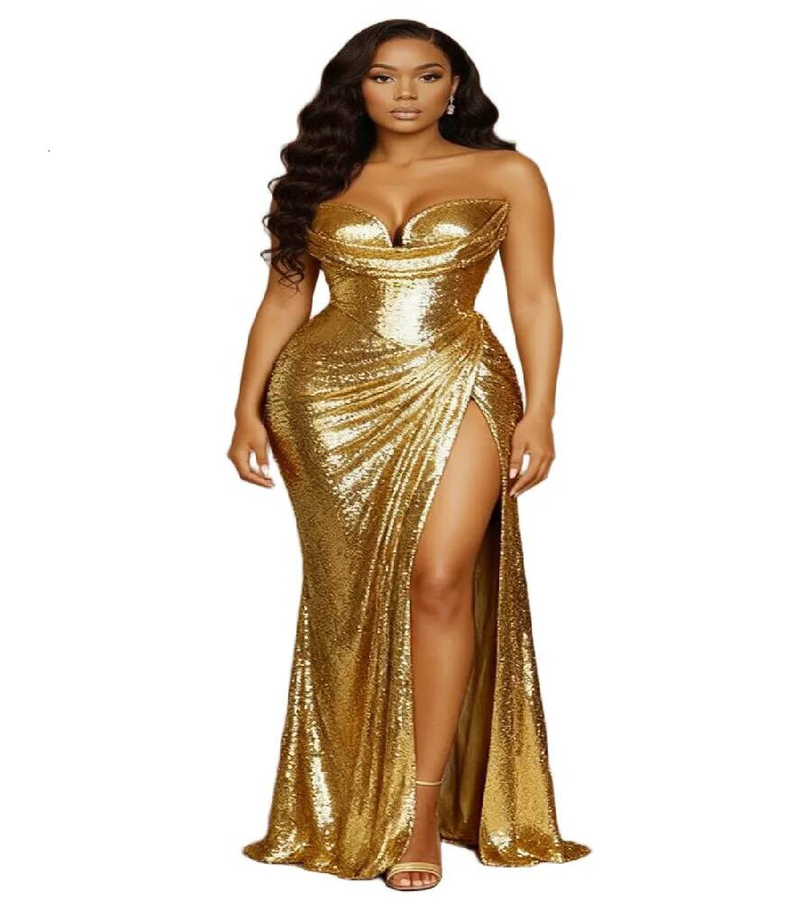 Sparkly Gold Evening 2026 Plus Size Mermaid Sequin Prom For Black Girls With High Slit Red Silver Elegant Formal Occasion Birthday Dress Mb916