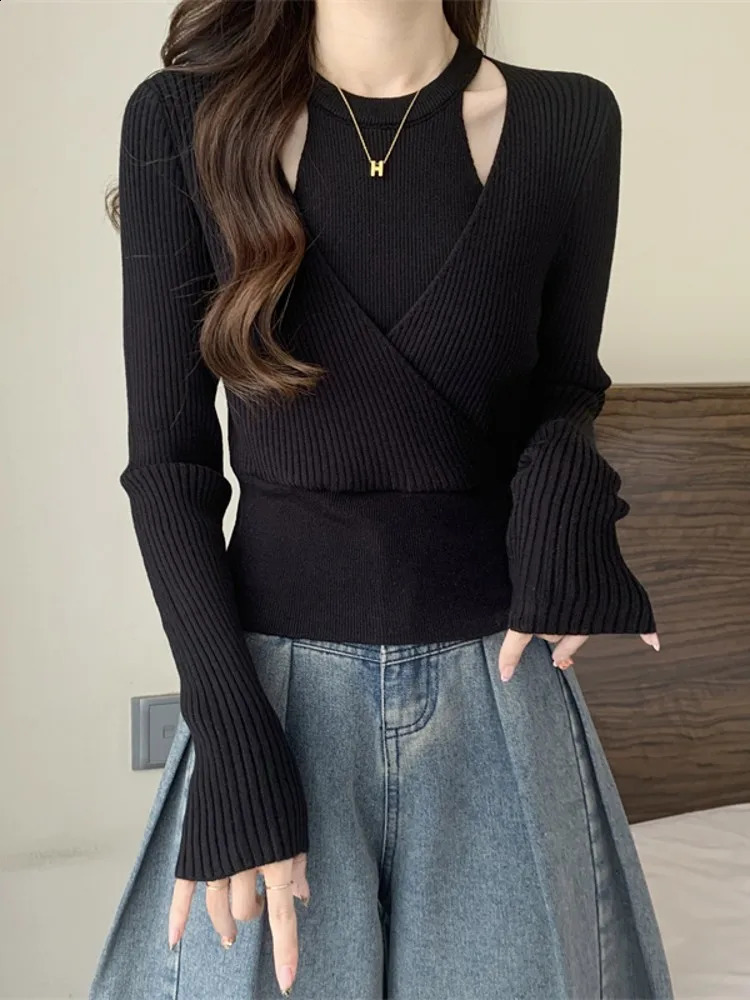Slim Fit Knitted Sweater Womens ort Sle Ne Hanging Long Sve Base Layer Top Korean Version Commute Knitwear 260916