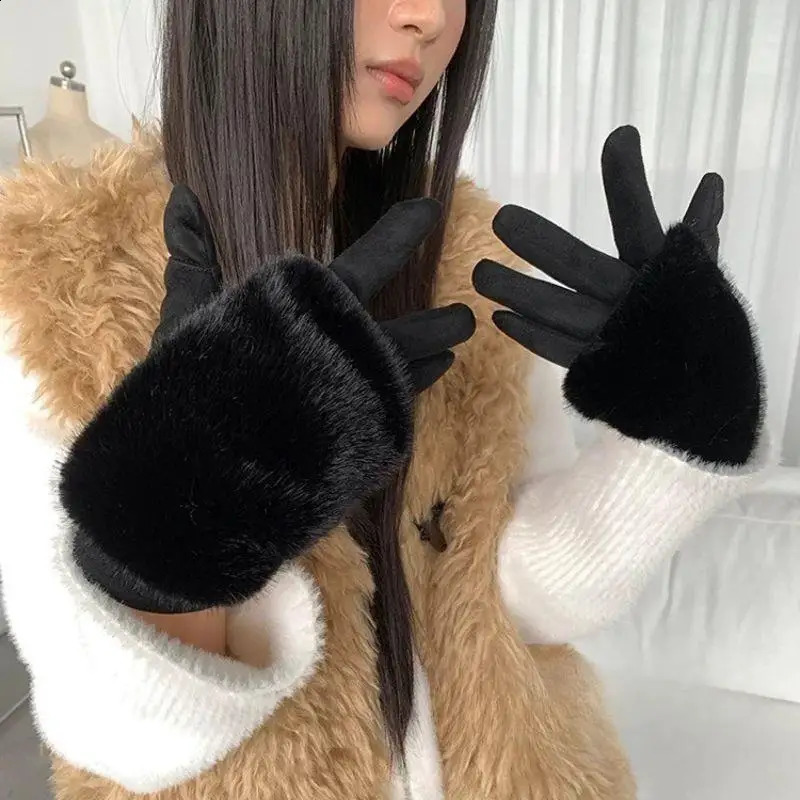 Winter Thickened Suede Gloves For Women Warm Rabbit Faux Fur Detachable Touch Screen Thermal Lining Gloves Windproof Fur Gloves260915