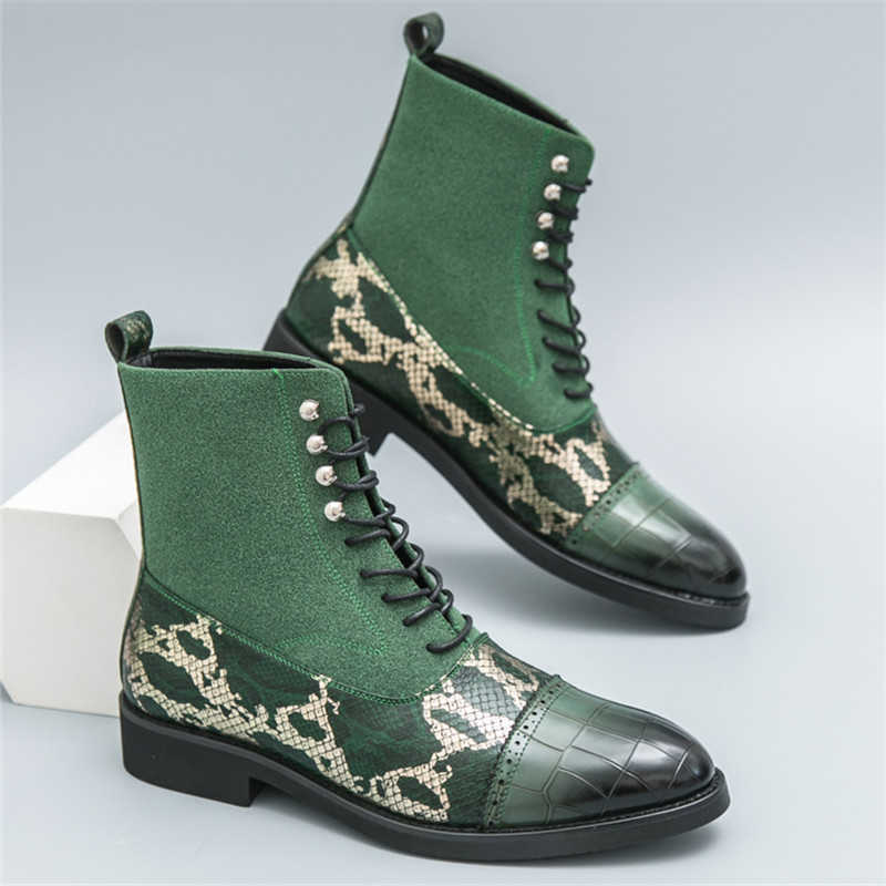 Winter New fa1 Snakeskin Pattern Mixed Motorcycle Ankle Boots Pointed High Tops For Men Flats All Match Shoes Zapatos Hombre D260917