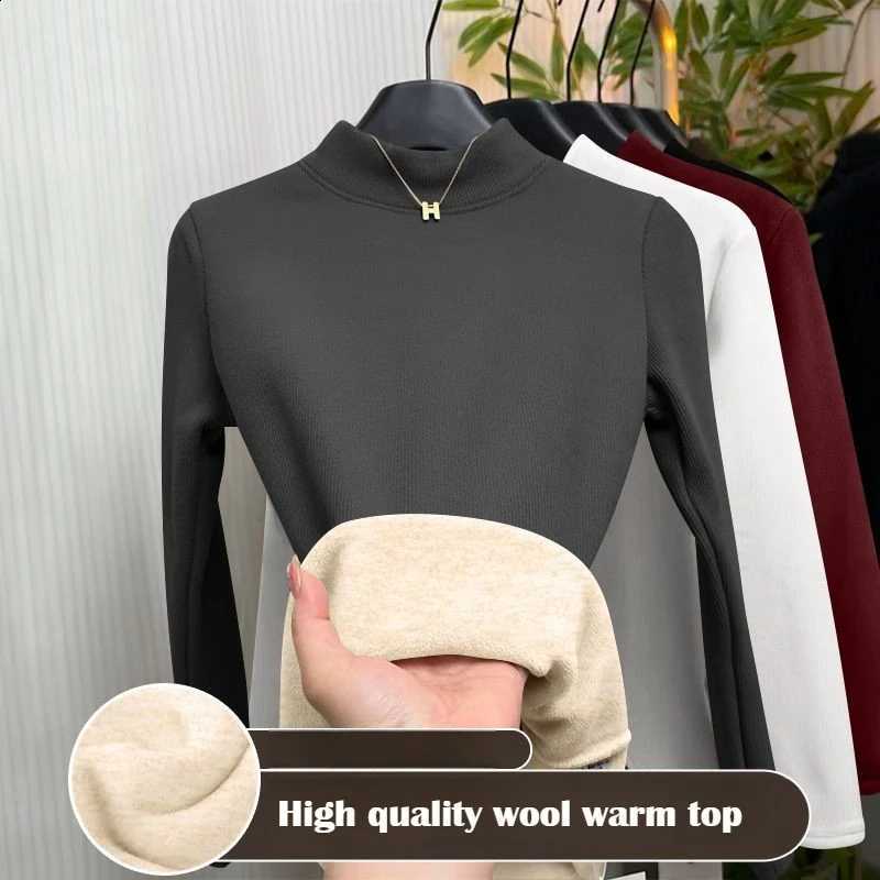 Winter Women's Wool Velvet Long Sleeved T-shirt Autumn Mid Neck Slim Fit Pullover Casual Fashion Heat Storage Top Warm Underwear H260916