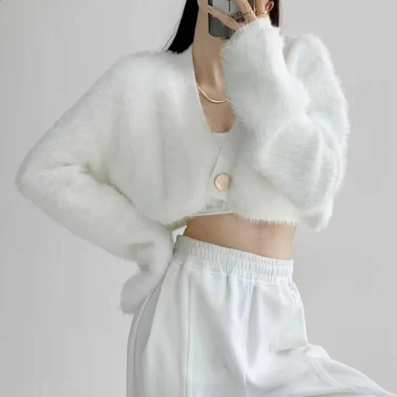 Fuzzy Crop Cardigan with One Button Front Soft Fluffy Knit Sweater Jacket Women Teengirl Fall Winter Y2K Acubi Outfit 260917