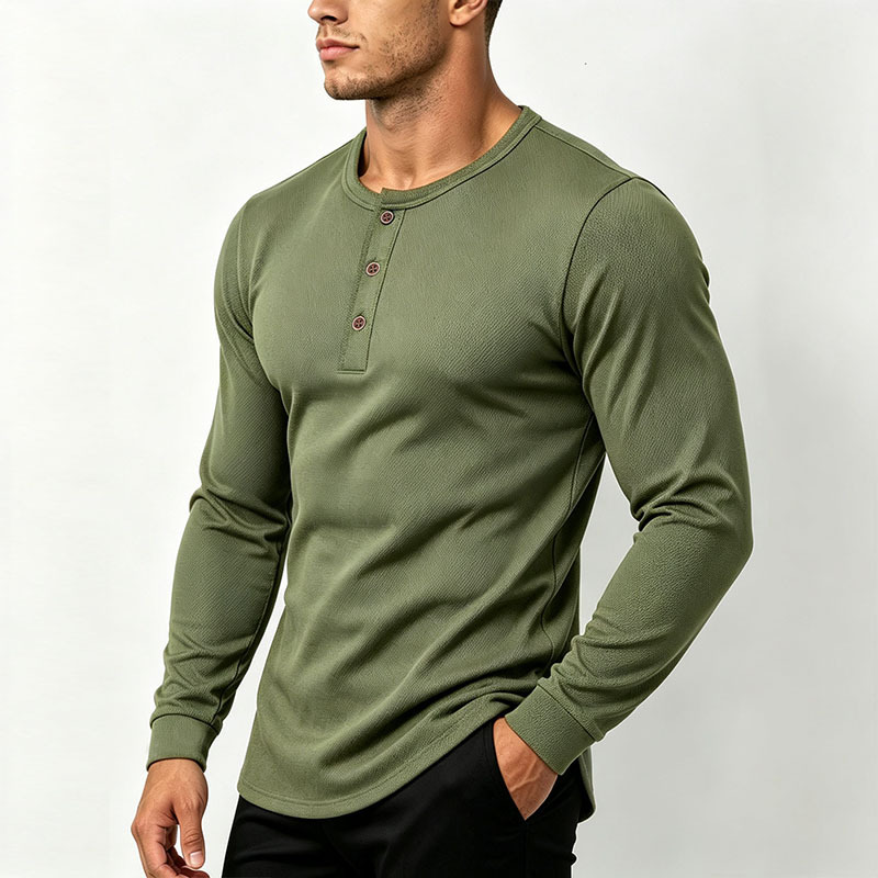 Men's Autumn Henley Long Sleeve T-Shirt Plus Size Quick Dry Sports Tee Solid Color Casual Base Layer Tops For European American
