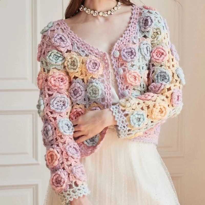 Flowers 3D Women Rainbow Sweater Coat Patchwork Hit Color Floral Crocheted Roses Knitted Cardigan Knitwear V Neck Hooked Tops J260916