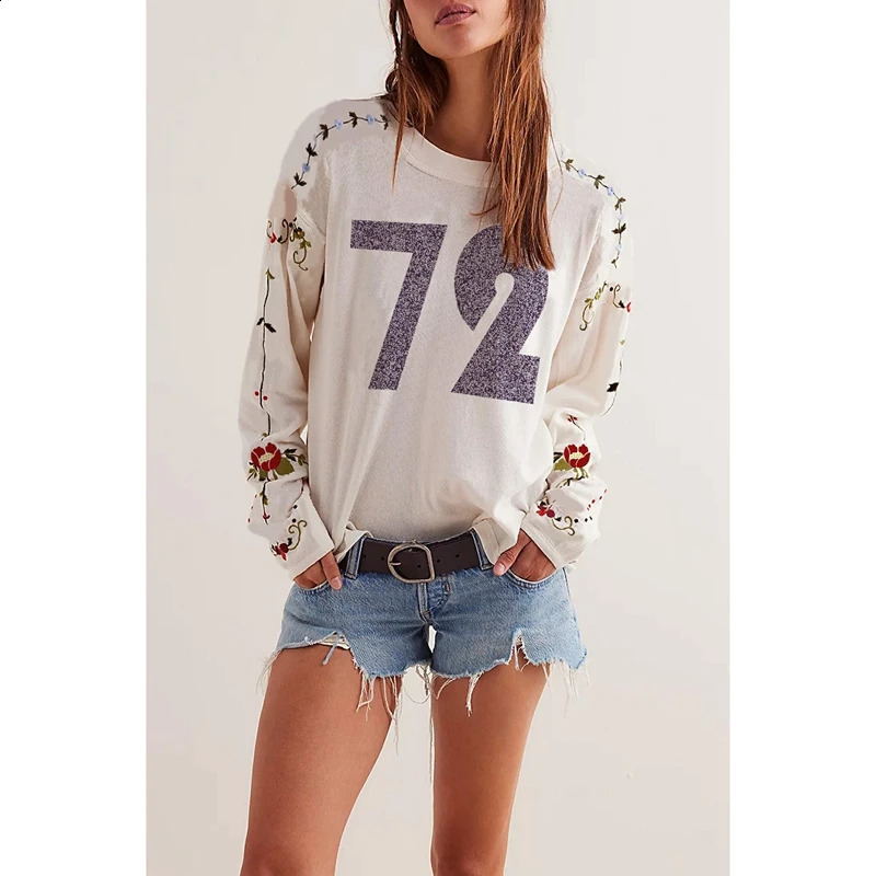 Combhasaki Women Y2k Number Print Loose T-Shirts Round Neck Aesthetic Floral Embroidery Long Sleeve Oversized Pullover Hoodies 260917