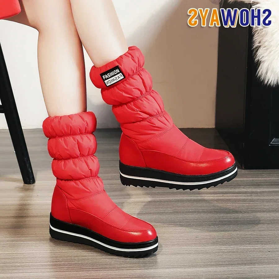 Red Winter Women Fur Snow Boots Black Blue Waterproof Down Thick Heels Casual Outdoor Ladies Warm Plush Mid-calf Platform Boots D260917