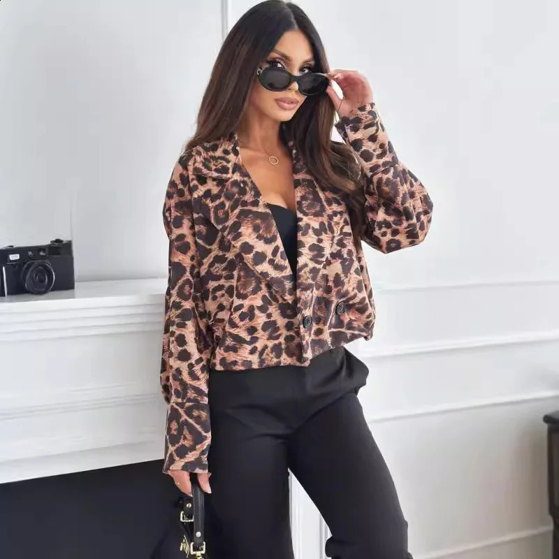 Leopard Print Lapel Cropped Blazer Double Breasted Loose Short Coat Women Streetwear Daily Casual Jacket 260917