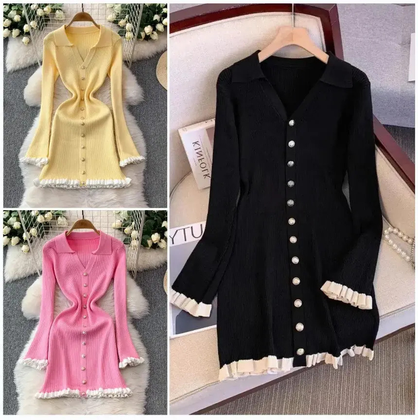 Women Casual everyday Dress CNLONGBIDA Knitted Sweater Elegant For Women Dresses Midi Ruffle Trim Slim Fit Soft French Long Sleeve Causal Fashion Ou