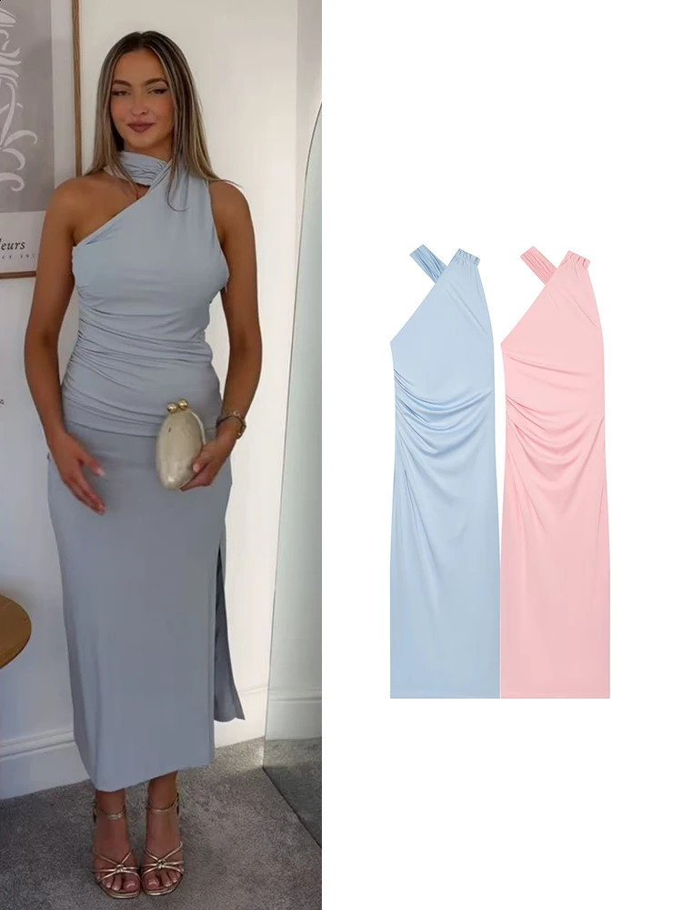 TFMLN Women Asymmetrical Long Dress Sexy Backless Sleeveless Robes Summer Elegant Halter Collar Slim Evening Party Dress 260917
