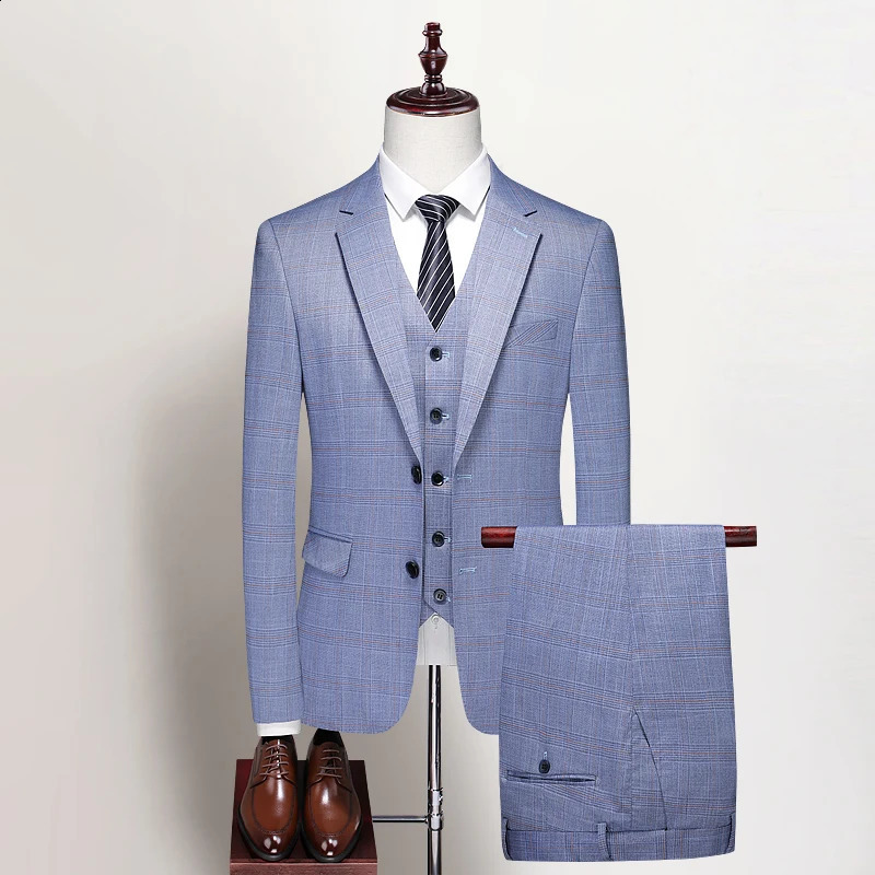Highend Wedding Suit Autumn Vest Trousers Mens Fashion All Match Handsome Trend Slim Dress Striped Threepiece Set 260914