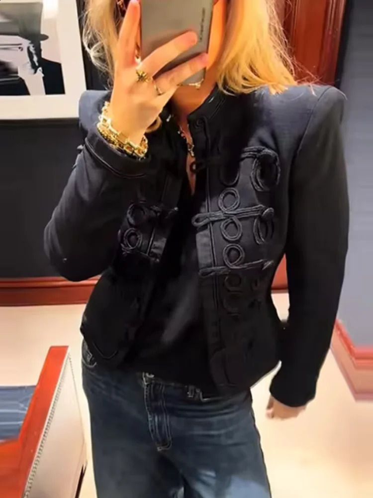 Women Chic Knit Patchwork Napoleon Military Jacket Shoulder Pad Single Breasted Short Blazer Long Sleeve 2026 Loose Spring Coat 260917