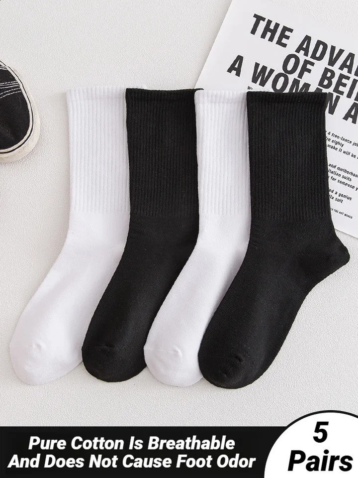 5 Pairs Men Women Socks Cotton Harajuku Korean Style School Middle Tube Solid Color Streetwear Fashion Breathable Casual 260917