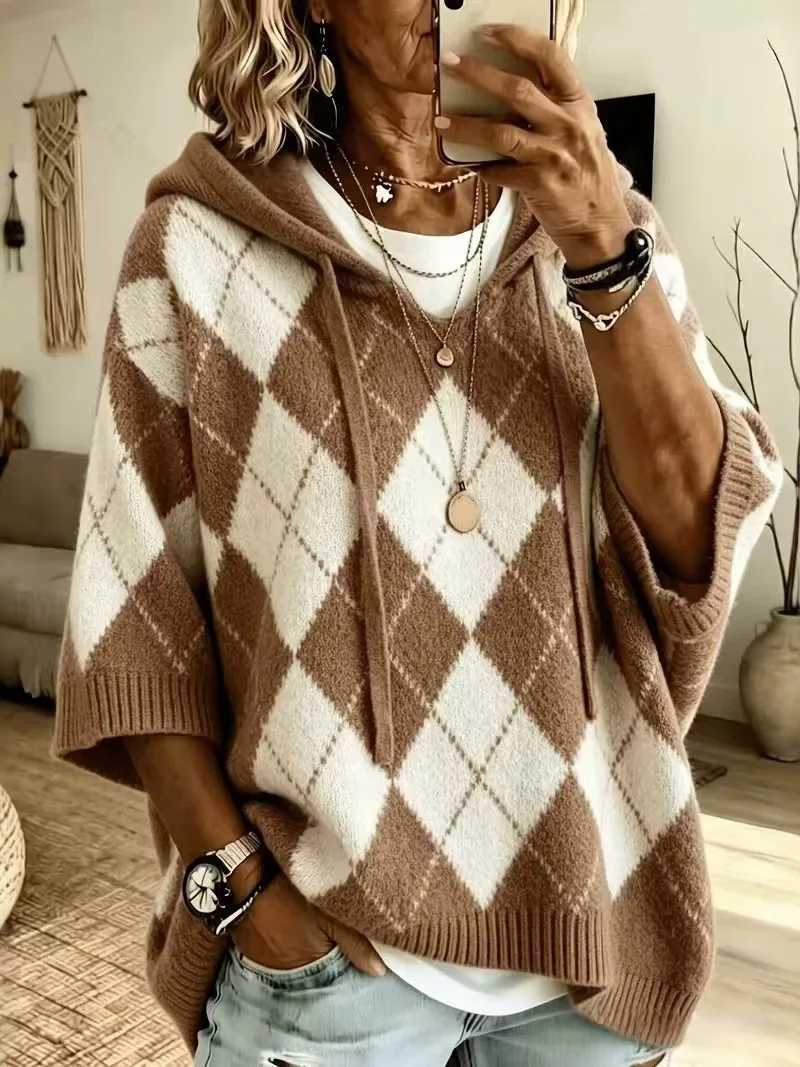 Autumn Winter Loose Fit V-Neck Hooded Casual Sweater Women's Knitted Outerwear Diamond Pattern Fur Thickened Warm Coat S2609173CR9