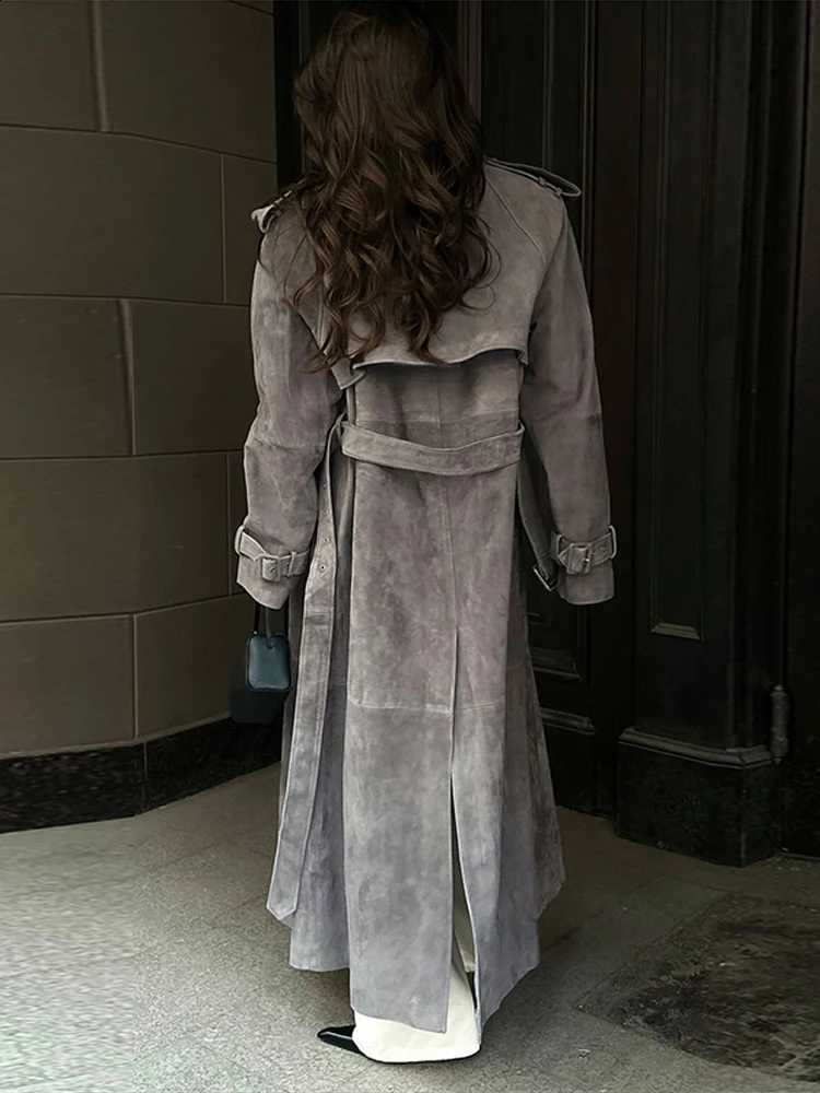 Maxi Women's Vintage Faux Suede Trench Coat Button-down Self-Tie Belt Oversized Long Lace-up Chic Autumn Winter Outerwear D2609091