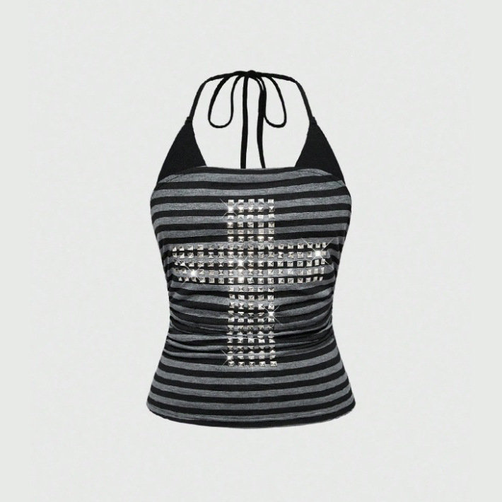 Wholesale of European and American style striped cross-embellished drawstring tank tops, trendy Korean-style versatile camisoles 07