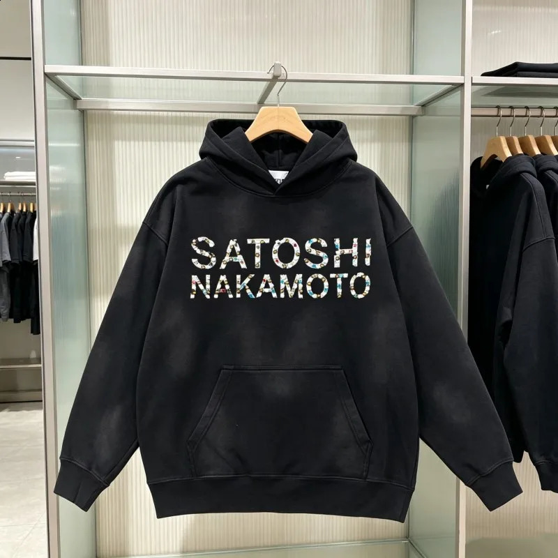 2XL SATOSHI Hoodie Vintage Distressed Washed Black Classic Letter Print Rainbow Nail Bead Hood Sweatshirts Men Women Streetwear 260917