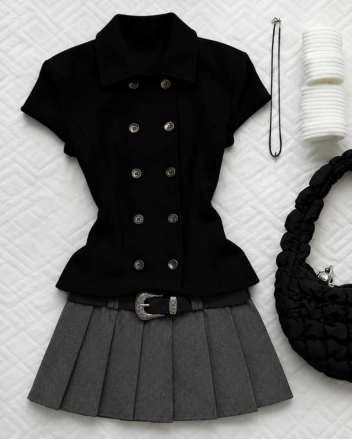 Korean Campus 2 Piece Y2K Matching Outfit Short Sleeve Lapel Top High Waist Pleated Skirt Vintage Retro Daily Street Style SuitW260915