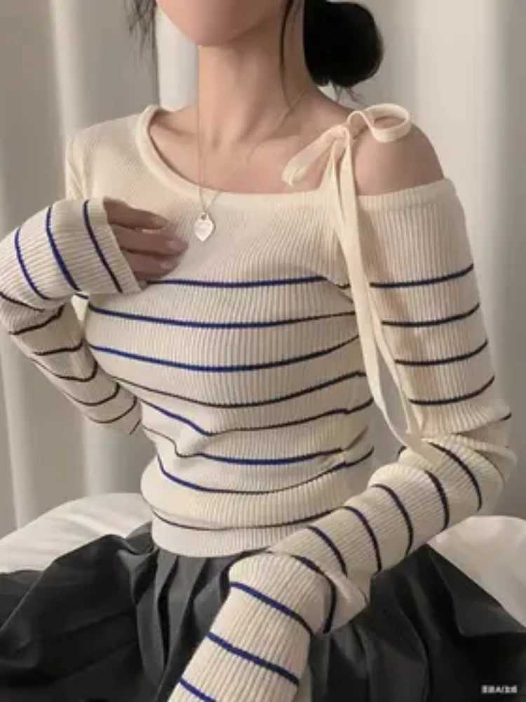 2026 New Women's Elegant Off-Shoulder Sweater T-Shirt Black White Striped with Adjustable Lace-Up Fall Winter Casual Chic Top S260917760K
