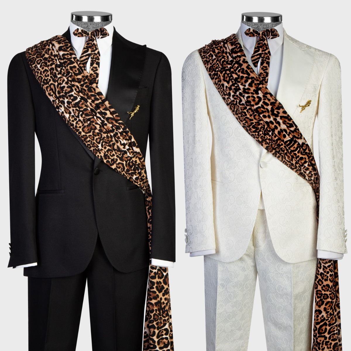Fashion Men's 2 Pieces Tuxedo Suit With Leopard Print Sash Peaked Lapel Blazer Pants Sets Formal Wedding Party Evening Jackets Customized