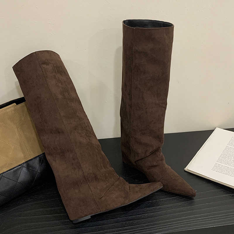 Knee Liyke Vintage Brown Suede High Boots Women Autumn Winter Street Sexy Pointed Toe Height Increasing Flat Heels Long Shoes D260917