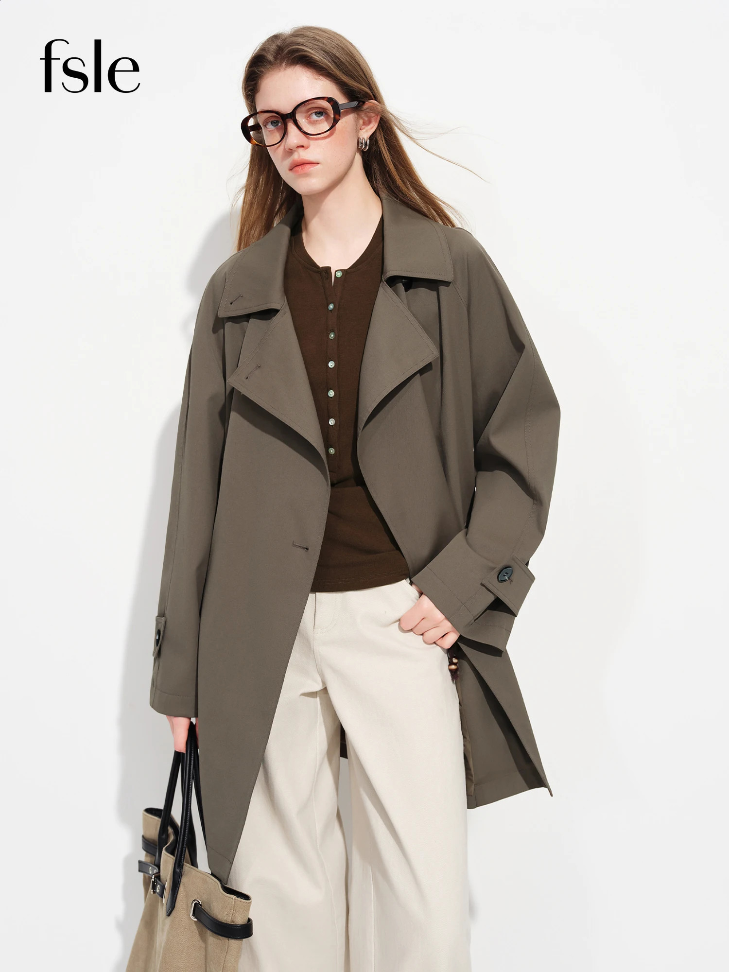 FSLE 2026 Spring Women's Khaki Relaxed Fit MidLength Trench Coat British Style Double Breasted Casual Overcoat 260917