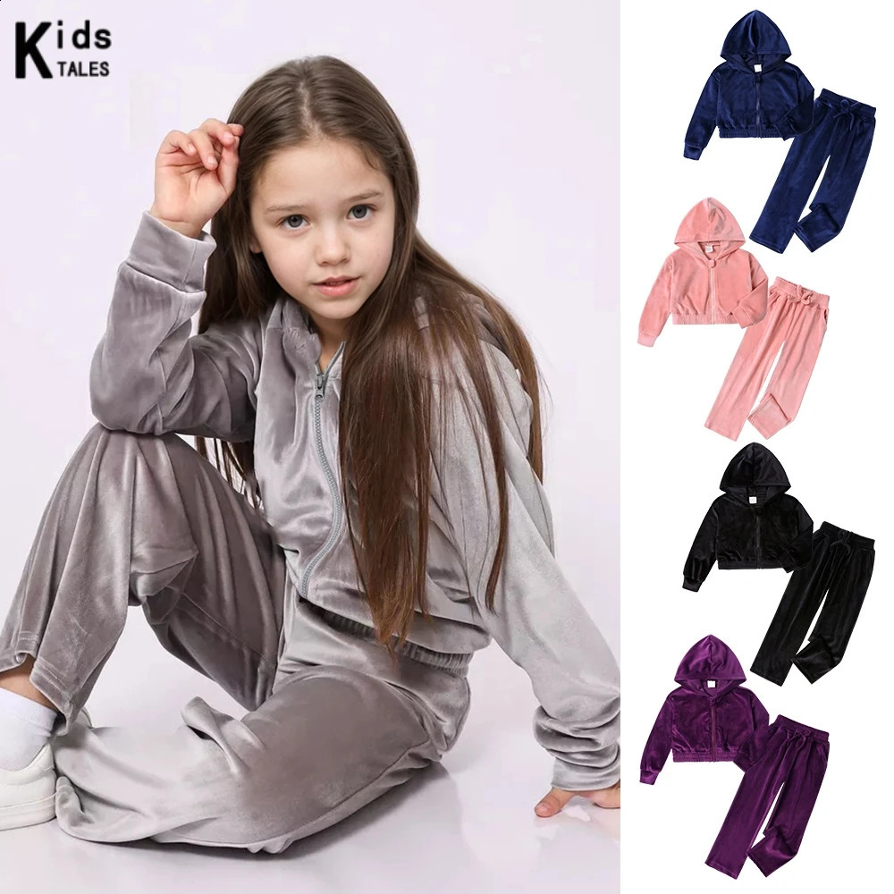 1-14Y Children Girls Velvet Tracksuits Autumn Comfortable Hooded Vest Sweatpants Outfits Korean Style Kids Casual Sport Clothes 260916