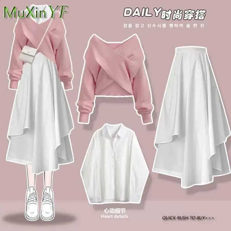 Spring Autumn Fashion Cross Women's Sweater+Shirt+Midi Skirt Three-piece Korean Elegant New in Matching Set Female ClothingW260915