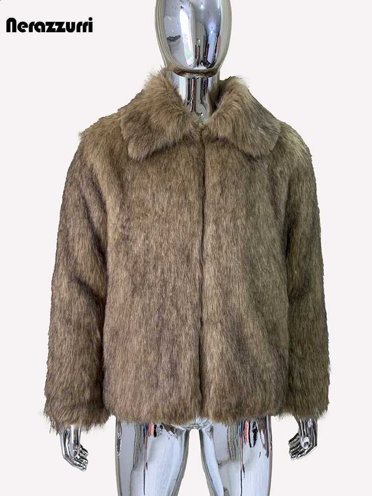 Winter Short Thickened Warm Nerazzurri Soft Hairy Shaggy Fluffy Faux Fur Coat Men Long Sleeve Turn-down Collar Fluffy Jacket W260915